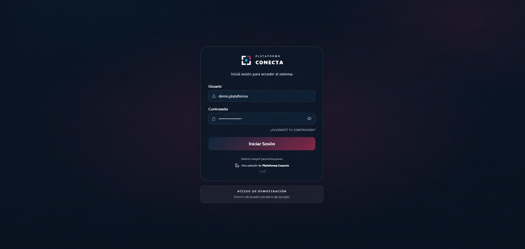Pantalla de inicio de sesión de Plataforma Conecta