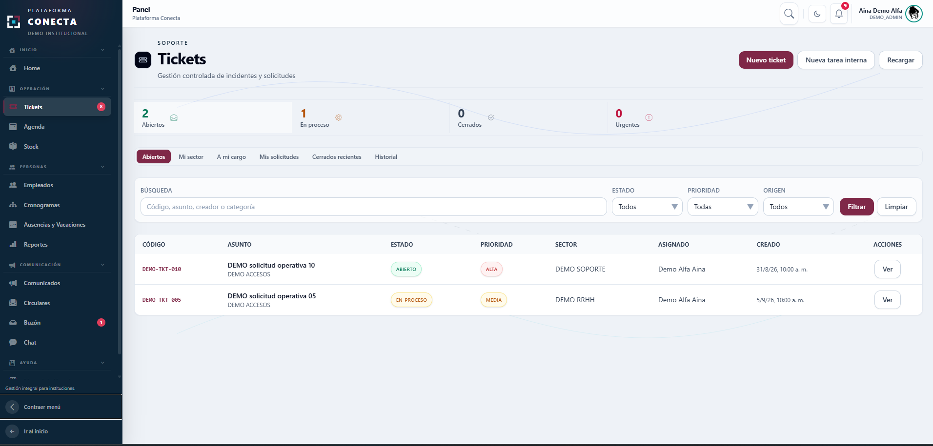 Módulo de tickets de Plataforma Conecta con listado de solicitudes
